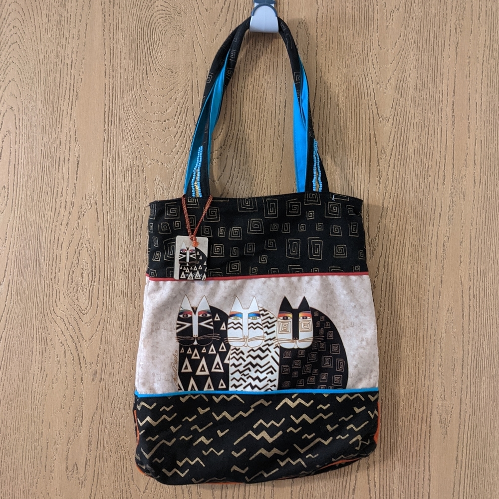 Laurel Burch black gold turquoise cat tote bag